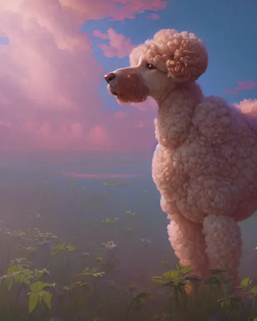 Image similar to highly detailed surreal vfx portrait of a sacred poodle, stephen bliss, unreal engine, greg rutkowski, loish, rhads, beeple, makoto shinkai and lois van baarle, ilya kuvshinov, rossdraws, tom bagshaw, alphonse mucha, global illumination, detailed and intricate environment