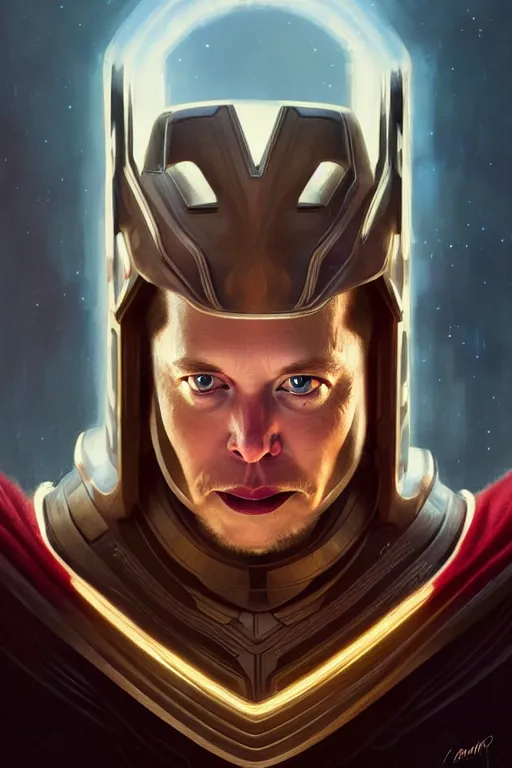 Image similar to elon musk as thor, realistic portrait, symmetrical, highly detailed, digital painting, artstation, concept art, smooth, sharp focus, illustration, cinematic lighting, art by artgerm and greg rutkowski and alphonse mucha