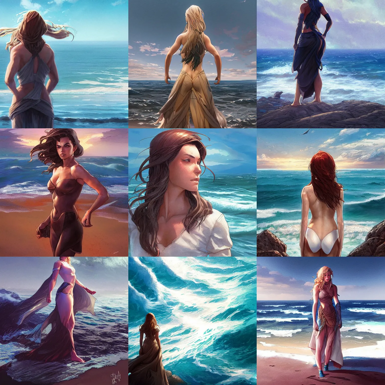 Prompt: a woman standing in front of the ocean, art by artgerm and greg rutkowski and magali villeneuve
