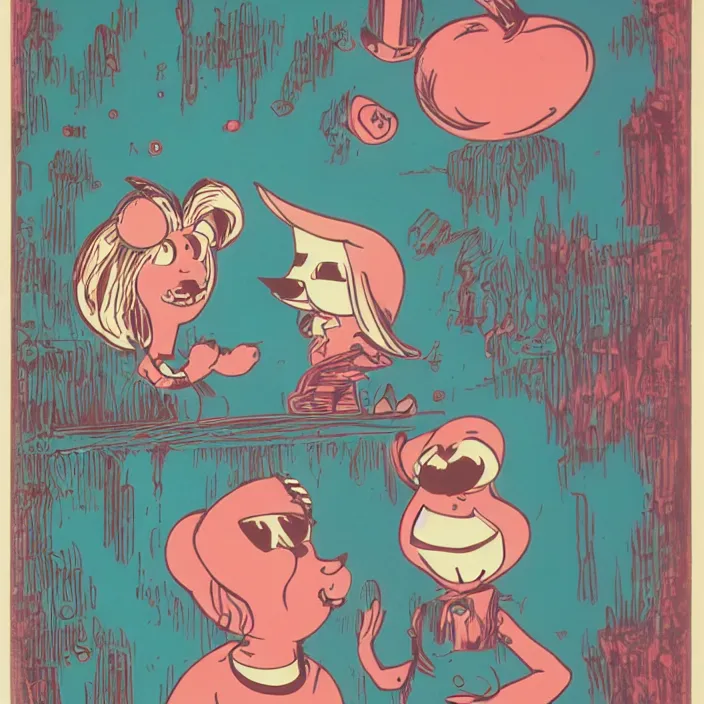 Prompt: risograph of two retro cartoon character faces by gary baseman and gavin mccarthy