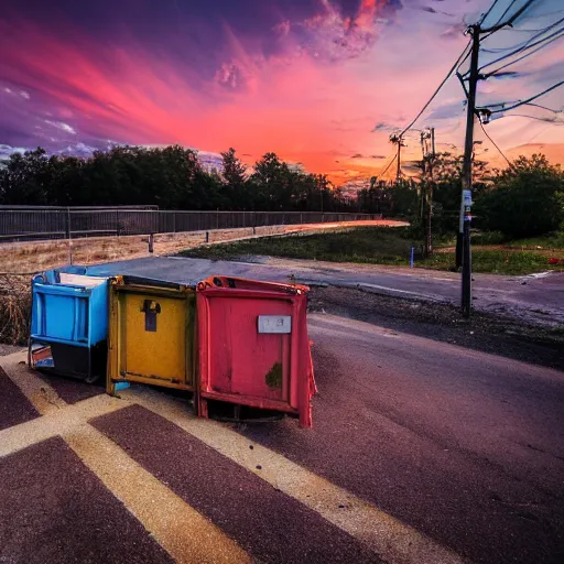 Image similar to a beautiful sunset over a dumpster on fire, landscape photography, award - winning, amazing details,