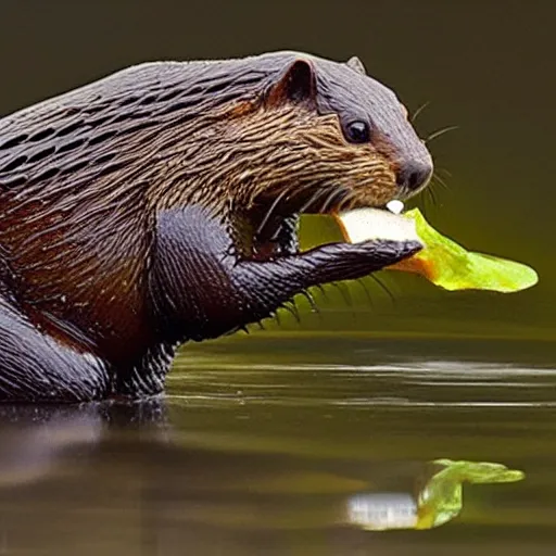 Image similar to “ a beaver eating a frog, animated ”