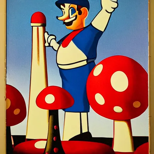 Prompt: art deco painting of mario standing on top of red and white mushroom