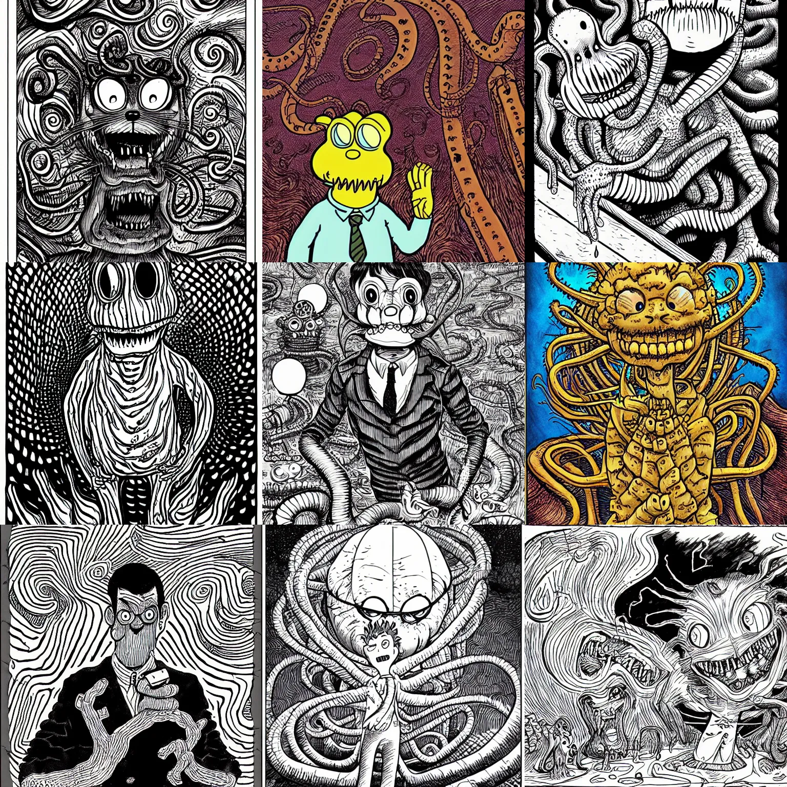 Image similar to Garfield as an eldritch abomination, illustrated by Junji Ito, Lovecraftian, line art