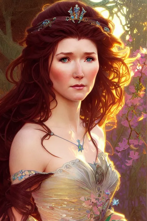 Image similar to Jewel Staite as a princess, fantasy, intricate, elegant, highly detailed, digital painting, artstation, concept art, matte, sharp focus, illustration, art by Artgerm and Greg Rutkowski and Alphonse Mucha