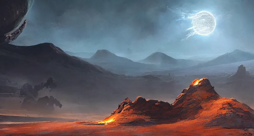 Prompt: A large, dark volcanic planet with shadows coming out of it, concept art by Doug Chiang cinematic, realistic painting, high definition, very detailed, extremely high detail, photo realistic, concept art, the Mandalorian concept art style