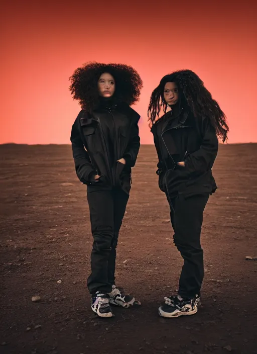 Image similar to photographic portrait shot on cinestill 5 0 d of two loving clones, women wearing rugged black techwear on a desolate plain with a red sky, closeup, diverse race, cyberpunk, in front of a brutalist dark metal facility, dust storm, 3 5 mm, 8 k, depth of field, high resolution, ultra realistic faces