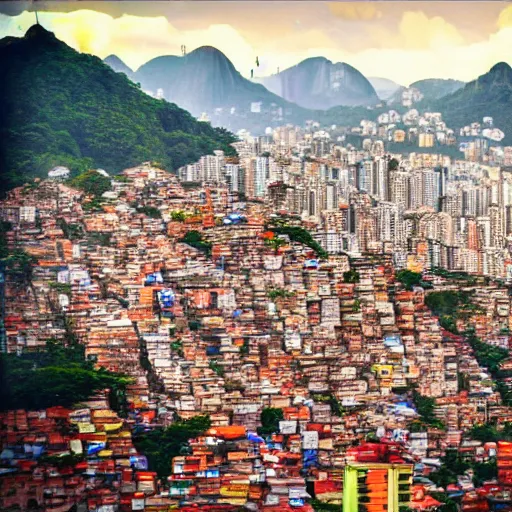 Image similar to photo of rio de janeiro favela being invaded by armed aliens,barraco, samba, churrasco, photorealistic, warm colors, tranquil, peace, happy rocinha