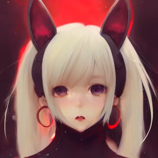 Prompt: a cute anime girl wtih cat ears and tail, white hair, red eyes, full body, matte painting, by greg rutkowski and ilya kuvshinov and alphonse maria mucha and matsumoto taiyou, super clear details, hyper realistic, trending on artstation, 8 k