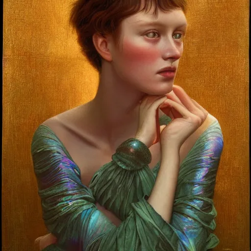 Image similar to A beautiful portrait of a woman with iridescent skin by James C. Christensen