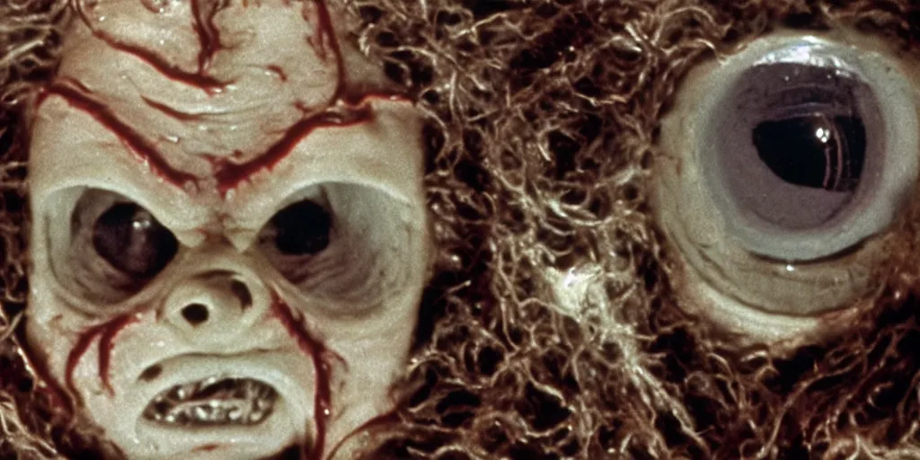 Image similar to filmic extreme closeup dutch angle movie still 4k UHD interior 35mm film color photograph of a a detached snarling distorted deformed human head protruding out of a mutated abstract shape shifting organism made of human internal organs, in the style of a horror film The Thing 1982