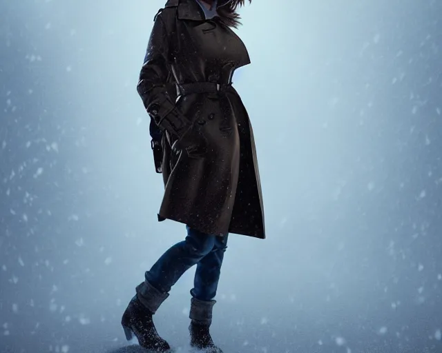 Image similar to portrait of cindy crawford in a trench coat on a windy evening, winter, snow, artstation, volumetric lighting, octane render, sylvain sarrailh