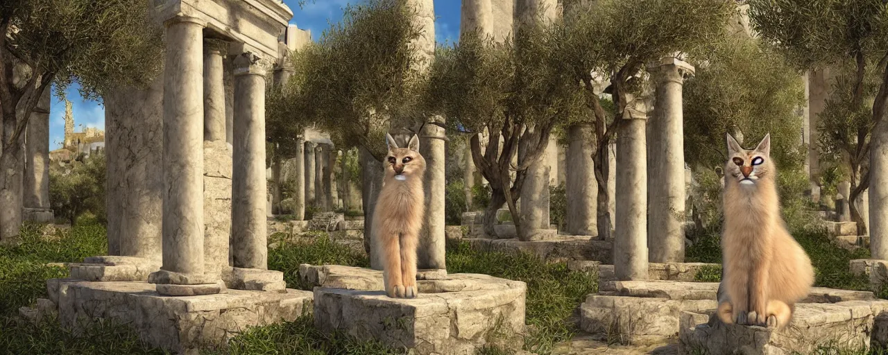 Image similar to cute fluffy caracal wearing toga, in ancient greek town, marble columns, olive trees, sunny, a beautiful landscape by gediminas pranckevicius