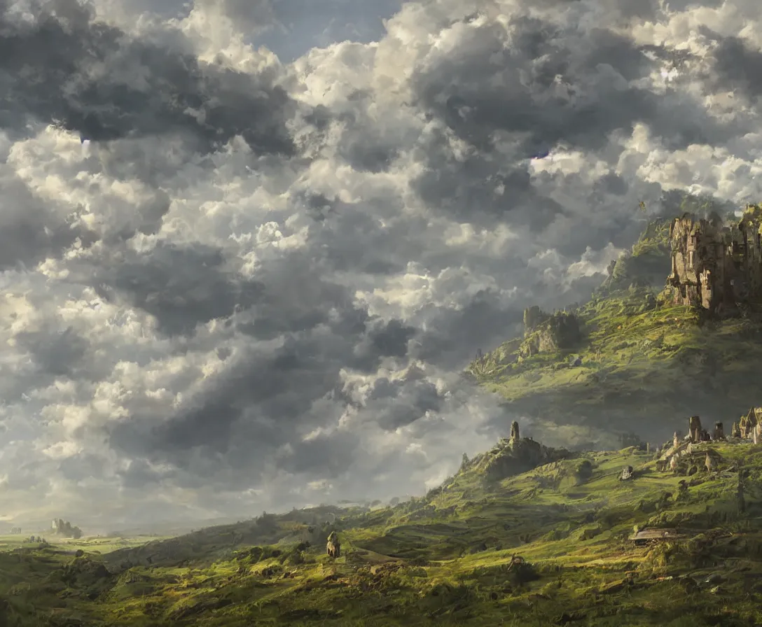Image similar to Vast verdant empty flat valley surrounded by Transylvanian mountains. A huge zeppelin in the sky among dark clouds. A ruined medieval castle on the hillside in the background. No villages or buildings. Late evening light in the summer, gloomy weather. Hyperrealistic, high quality, fantasy art by Greg Rutkowski and Rhads.