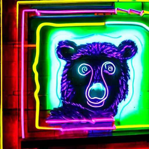 Image similar to neon art mural with portrait and a bear