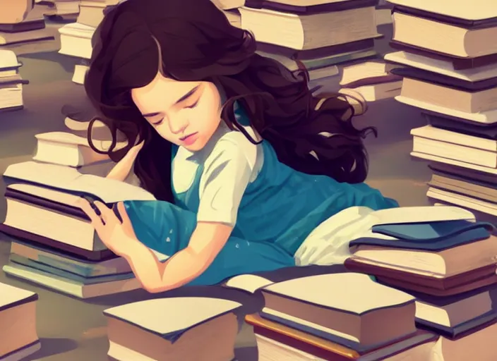 Image similar to a little girl with short wavy curly light brown hair is asleep in pile of books. clean cel shaded vector art. shutterstock. behance hd by lois van baarle, artgerm, helen huang, by makoto shinkai and ilya kuvshinov, rossdraws, illustration, art by ilya kuvshinov