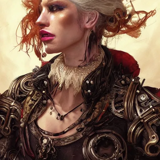 Image similar to portrait, headshot, insanely nice professional hair style, dramatic hair color, digital painting, of a old 17th century, old cyborg merchant, amber jewels, baroque, ornate clothing, scifi, realistic, hyperdetailed, chiaroscuro, concept art, art by Franz Hals and Jon Foster and Ayami Kojima and Amano and Karol Bak,