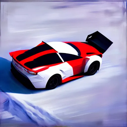 Image similar to white paper cup with horizontal red strip!!!, as race car on ice!!!, hyperrealistic, highly detailed, cinematic, volumetric sunlight, beautiful, cgssociety, artstation, 8 k, oil painting by greg rutkowski, by artgerm, by wlop