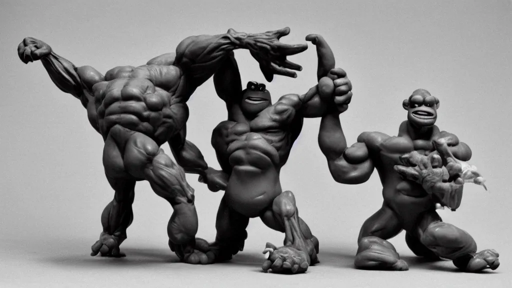 Prompt: Rare found plasticine footage of the muscular green shronk mascot ultra-wrestling with a complex intricate bodybuilder-creature! very ultra funny faces! exaggerated posing, very dynamic and grabbing, group acrobatics! Found in 1985, photographed by Ansel Adams standing out in a dark place in the sky at night under the moon. High field of view, exaggerated perspective effect. Everyone is grappling and grabbing! #ultra-acrobatics #dynamism #movement #posing #proud #westling #ultra-wresting #interlocking #plasticine #disturbing #dramatic #highiso #shrektorted #zuckpunk #verytextured-bodies #extreme #foundhell #ultra-textured