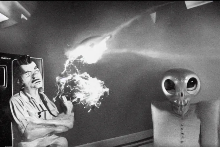 Prompt: a subgenius is shocked to see an alien appear on his television in his living room. sparks and smoke come out of the television. film still from 1 9 5 0 s sci - fi