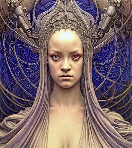 Image similar to detailed realistic beautiful young medieval alien robot rihanna face portrait by jean delville, gustave dore and marco mazzoni, art nouveau, symbolist, visionary, gothic, pre - raphaelite. horizontal symmetry by zdzisław beksinski, iris van herpen, raymond swanland and alphonse mucha. highly detailed, hyper - real, beautiful, fractal baroque