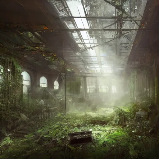 Prompt: interior of an overgrown abandoned museum in downtown New York city, moss atmospheric, kodak, fuji film, photoreal, 12k ursa, volumetric light, cinematic photograph concept art, intricate, artstation, studio ghibli, eddie mendoza, james chadderton