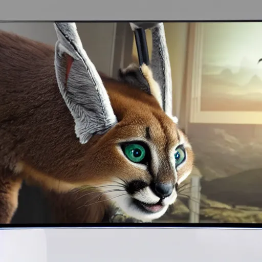 Image similar to view from behind from bed of a cute fluffy caracal wearing headset watching dual - monitors displaying call of duty and twitch, intricate detail, cinematic composition
