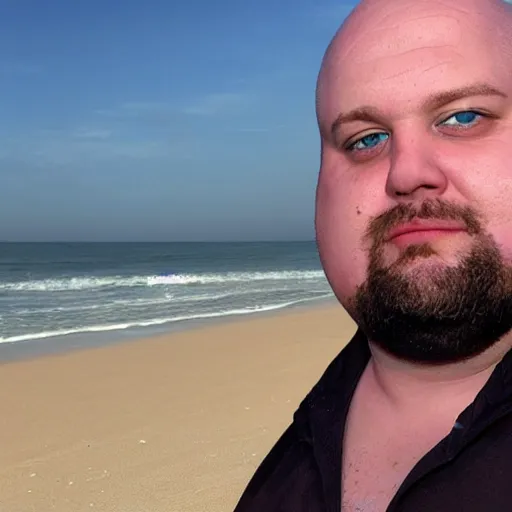 Image similar to obese ethan van sciver with a bald head and grey trimmed beard has washed up on a beach, horrified onlookers gasp