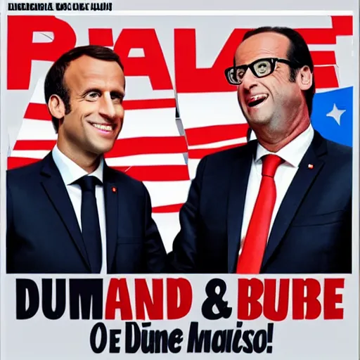 Prompt: Emmanuel macron and François Hollande on dumb and dumber movie cover