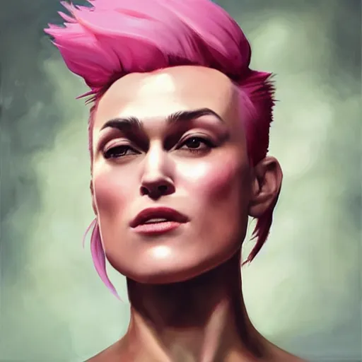 Image similar to greg manchess portrait painting of confident keira knightley with pink hair as beautiful thick female bodybuilder zarya from overwatch, medium shot, asymmetrical, profile picture, organic painting, sunny day, matte painting, bold shapes, hard edges, street art, trending on artstation, by huang guangjian and gil elvgren and sachin teng