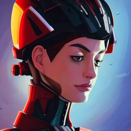 Prompt: a portrait of a stunning beautiful elite anne hathaway gundam pilot, with an intricate, detailed, urban inspired hiphop afro futuristic helmet, vector behance hd jesper ejsing, rhads, makoto shinkai, lois van baarle, ilya kuvshinov, rossdraws, hd, 3 2 k, ilya kuvshinov, gustav klimt