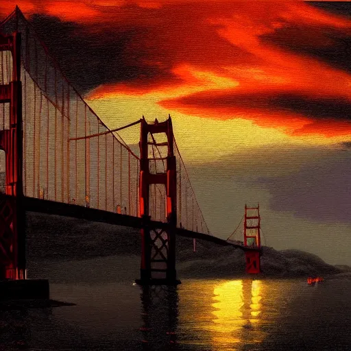 Prompt: golden gate bridge, hudson river school, dramatic lighting, artstation, trending