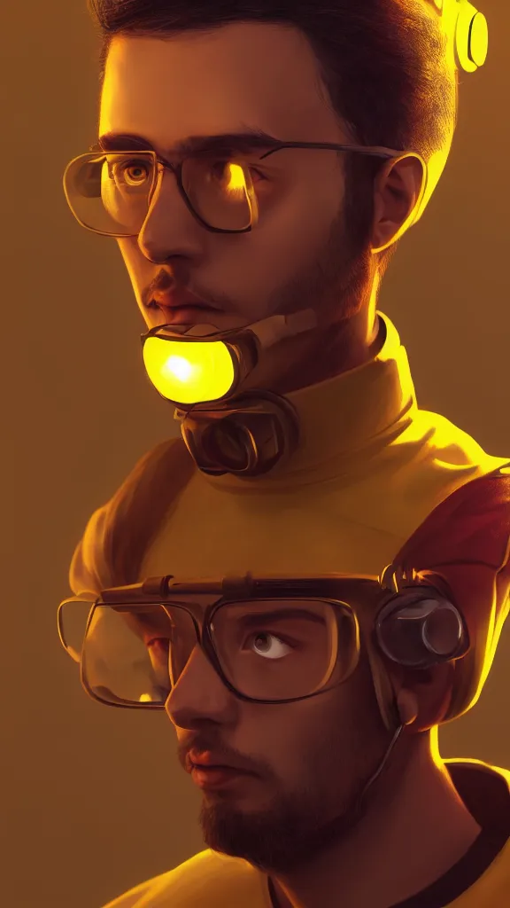 Image similar to close up portrait of young handsome it engineer in a yellow sweatshirt. cyberpunk, volumetric lighting, 4 k, hd, artstation, deviantart