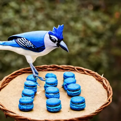 Image similar to a tall blue jay bird standing on top of a basket of macaroons on a table