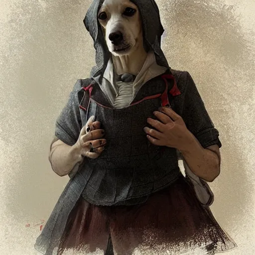 Image similar to portrait of a dystopian cute dog wearing an outfit inspired by the handmaid ’ s tale ( 2 0 1 7 ), intricate, headshot, highly detailed, digital painting, artstation, concept art, sharp focus, cinematic lighting, digital painting, art by artgerm and greg rutkowski, alphonse mucha, cgsociety