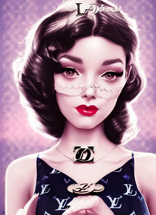 Image similar to a pin up and beautiful fashion dreamlke girl with lv jewelry, character art, art by artgerm, wlop, loish, hyperdetailed, 8 k realistic, symmetrical, global illumination, radiant light, frostbite 3 engine, cryengine, dof, trending on artstation, digital art, chanel, dior, detailed background