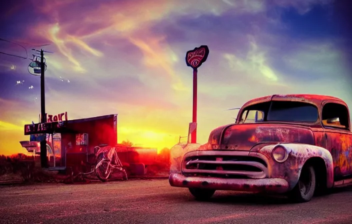 Image similar to a sunset light landscape with historical route 6 6, lots of sparkling details and sun ray ’ s, blinding backlight, smoke, volumetric lighting, colorful, octane, 3 5 mm, abandoned gas station, old rusty pickup - truck, beautiful epic colored reflections, very colorful heavenly, softlight