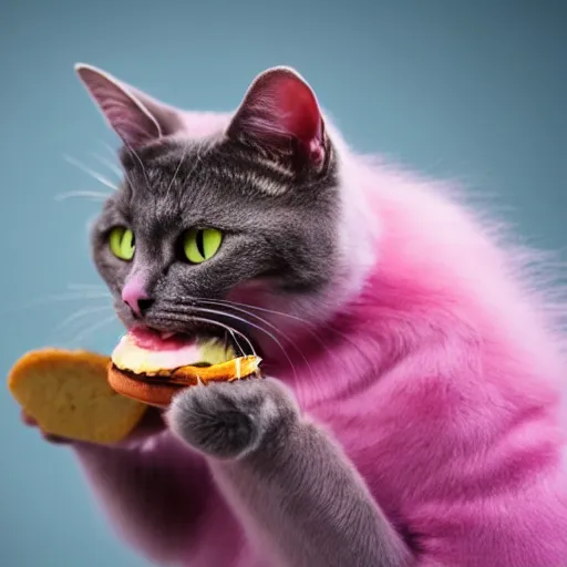 Image similar to photo of a pink cat with pink fur, eating a hamburger, biting a hamburger-C 12