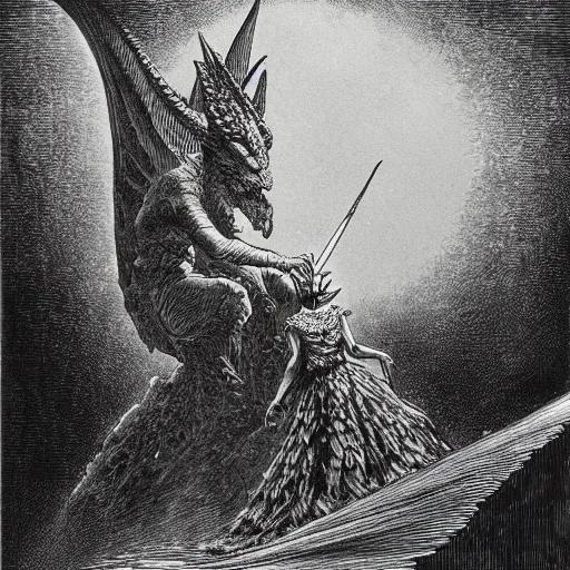 Image similar to dark fantasy illustration of tinkerbell godzilla, drawn by gustave dore