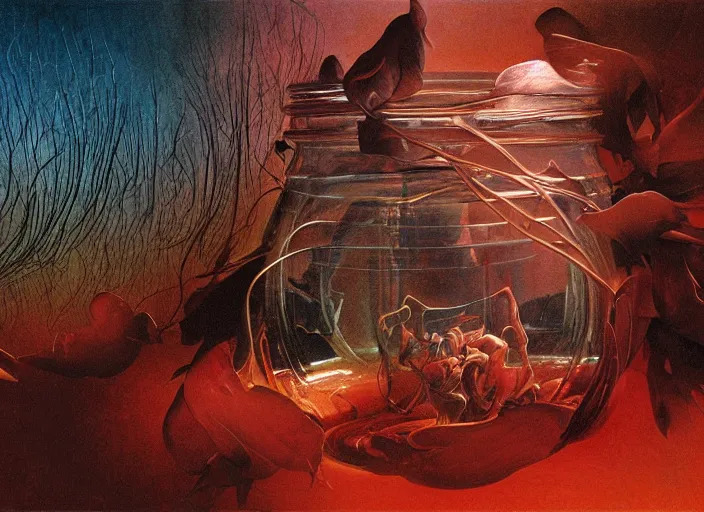 Image similar to dreamscape in a jar, gorgeous lighting, highly detailed, by zdzisław beksinski and francis bacon, art by dave mckean and rowena morrill and jeanbaptiste monge, computer aesthetic, vaporwave