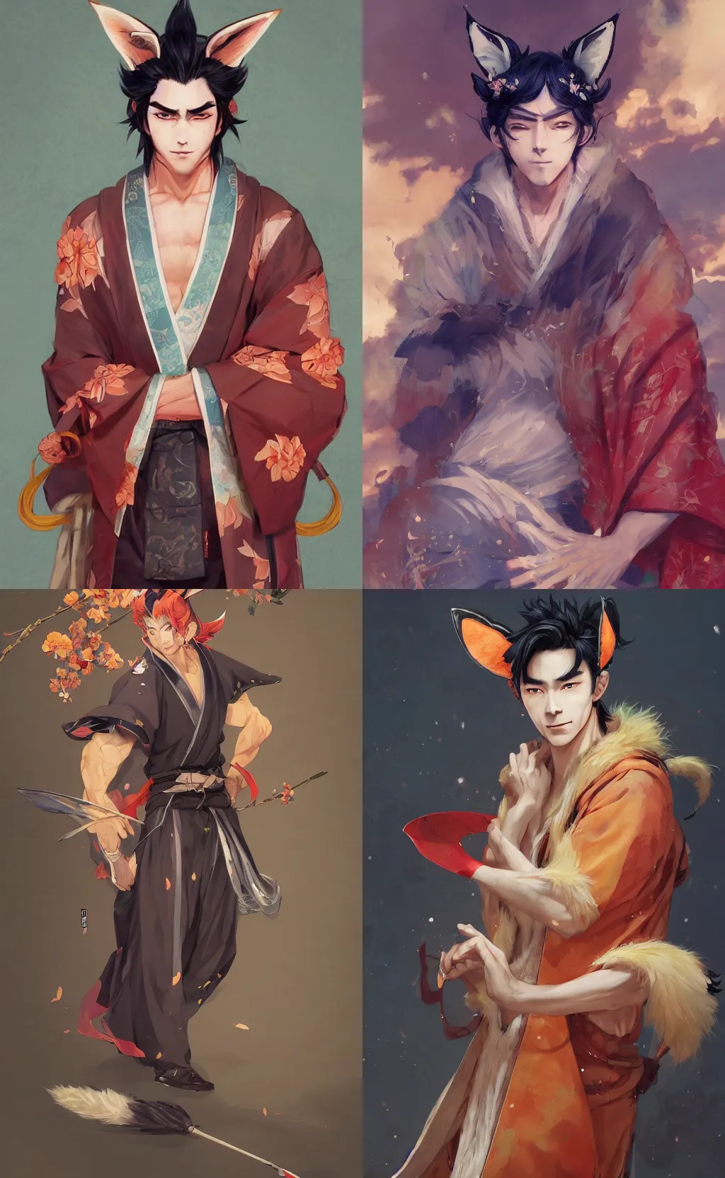 Prompt: An beautiful digital painting of a bishounen man with fox ears and nine tails wearing a kimono, by Stanley Artgerm Lau, WLOP, Rossdraws, James Jean, Andrei Riabovitchev, Marc Simonetti, and Sakimichan, tranding on artstation, SFW version