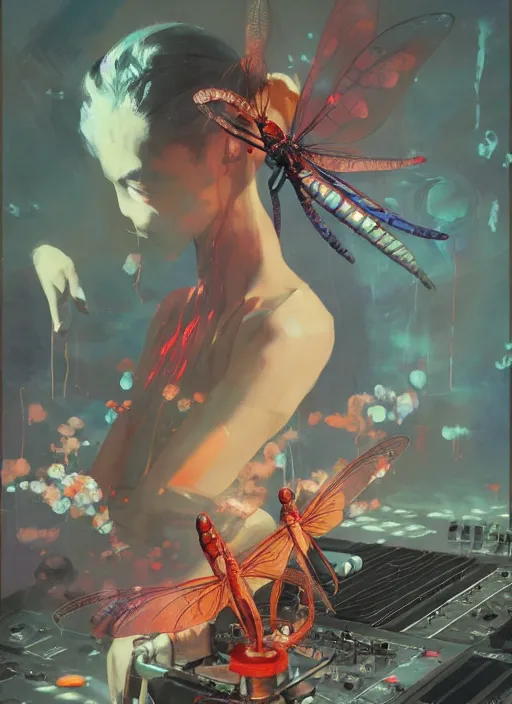 Image similar to surreal gouache painting, by yoshitaka amano, by ruan jia, by conrad roset, by good smile company, detailed anime 3d render of a Giant glowing dragonfly on a DJ mixer, portrait, cgsociety, artstation, rococo mechanical and eletronic, dieselpunk atmosphere