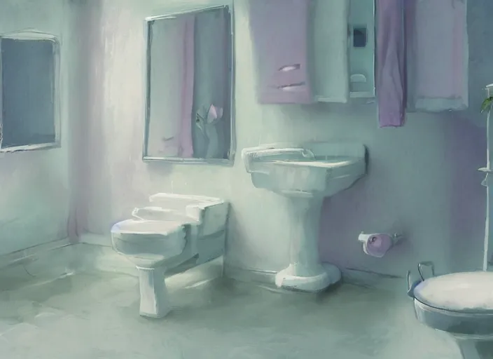 Image similar to placid pastel morning cute cluttered painterly fluffy tiny cramped bathroom trending on pixiv