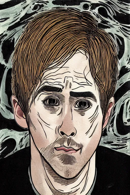 Image similar to junji ito illustration of ryan gosling