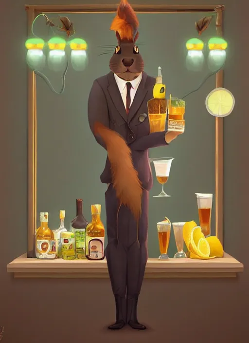 Prompt: squirrel anthro as a dapper bartender with a big, fluffy tail, retro futurism, art deco, detailed, painterly digital art by WLOP and Cory Loftis and Dod Procter, 🐿🍸🍋, furaffinity, trending on artstation