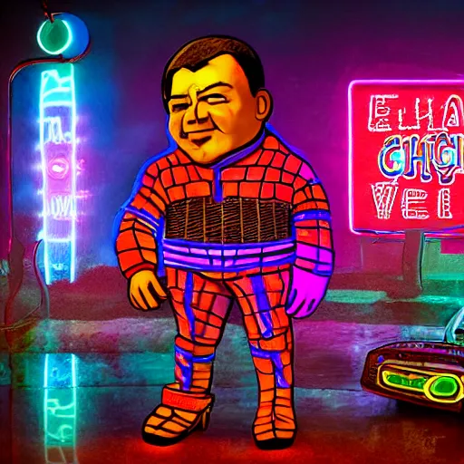 Prompt: El Chapulin Colorado in a Cyberpunk world, futuristic, neon lighting