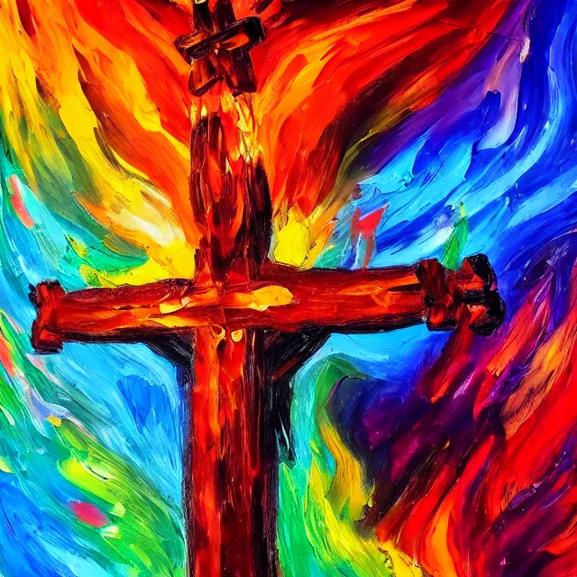 Prompt: cross on fire gushing flames in rainbow colors, oil painting, bold strokes