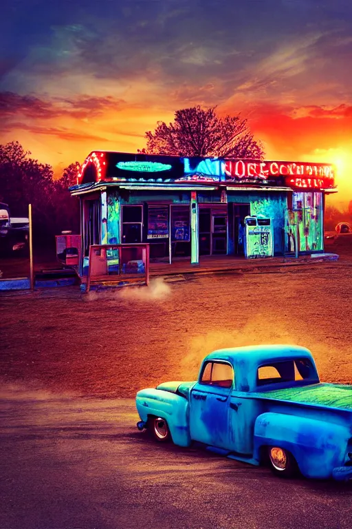 Image similar to a sunset light landscape with historical route 6 6, lots of sparkling details and sun ray ’ s, blinding backlight, smoke, volumetric lighting, colorful, octane, 3 5 mm, abandoned gas station, old rusty pickup - truck, beautiful epic colored reflections, very colorful heavenly, softlight