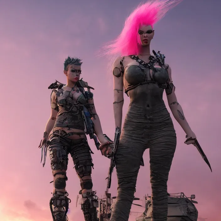 Prompt: beautiful realistic apocalyptic woman with pink Mohawk, standing on mad max panzer tank, 4k ultra hd, fantasy dark art, tank girl, artstation, octane render