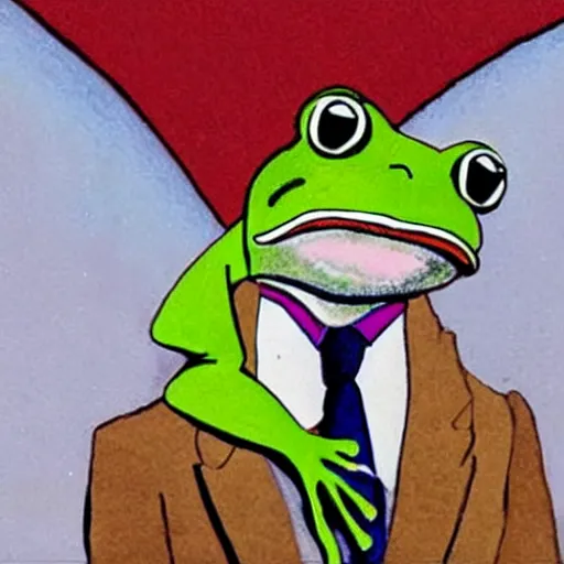 Prompt: frog wearing a suit smoking a cigar